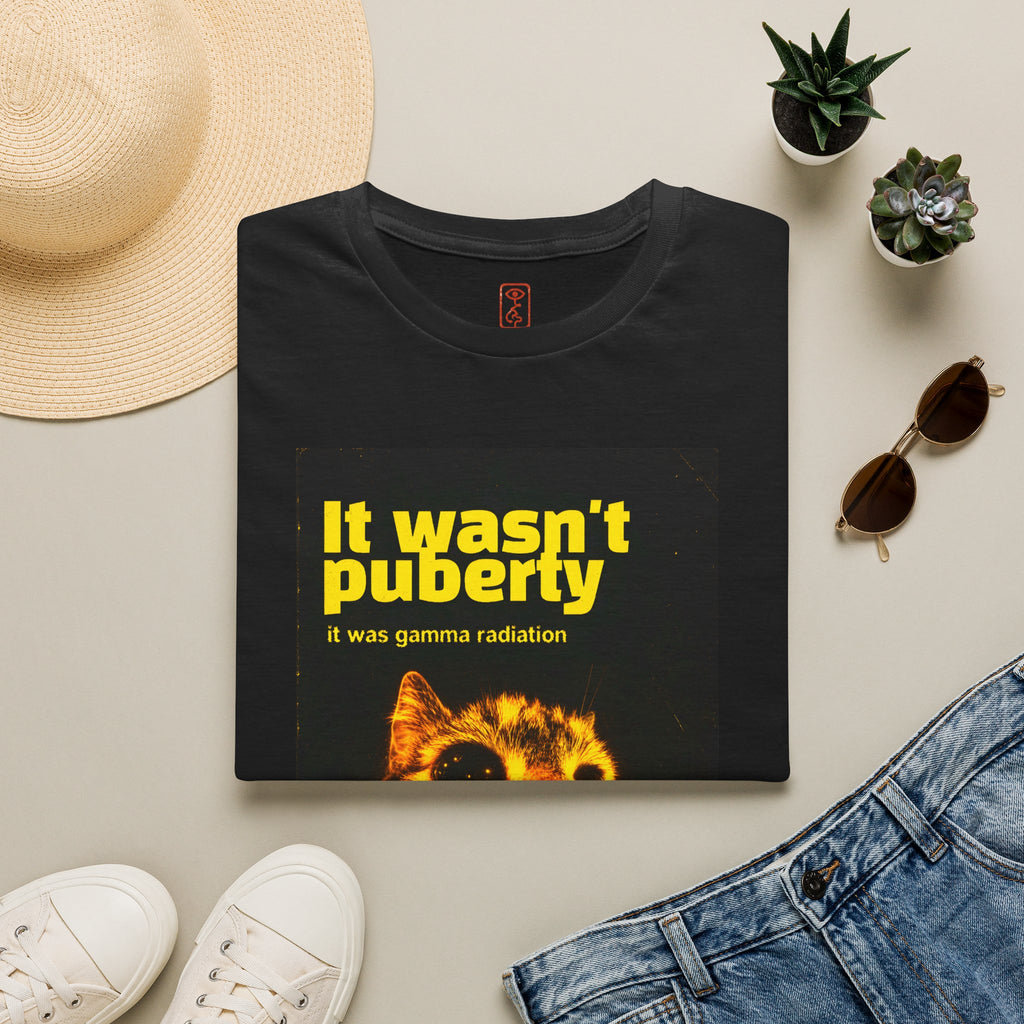 It Wasn't Puberty T-Shirt — Retro Cat "It was gamma radiation" Graphic Tee