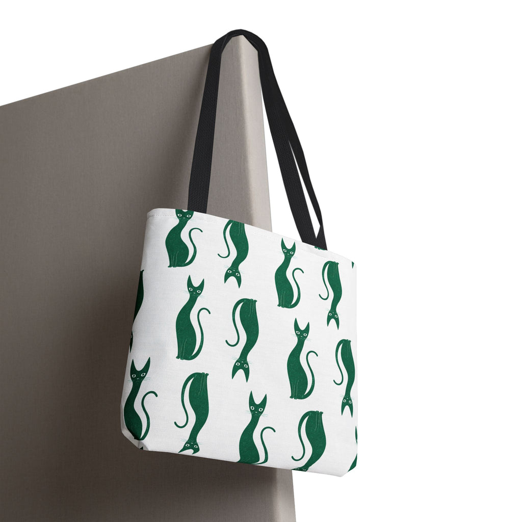 Green Cat Pattern Tote Bag — Cute Minimalist Cat Print All-Over Tote