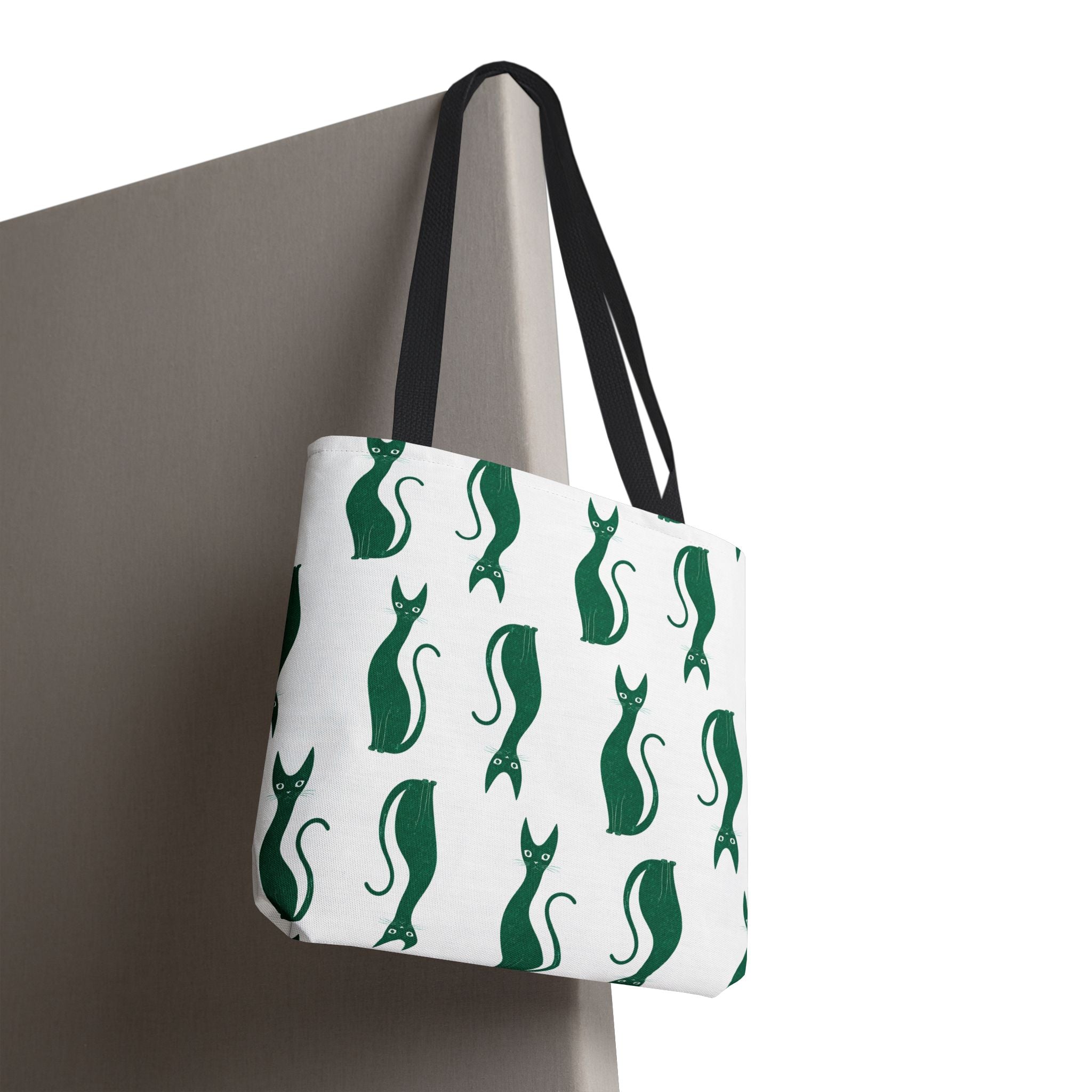 Green Cat Pattern Tote Bag — Cute Minimalist Cat Print All-Over Tote