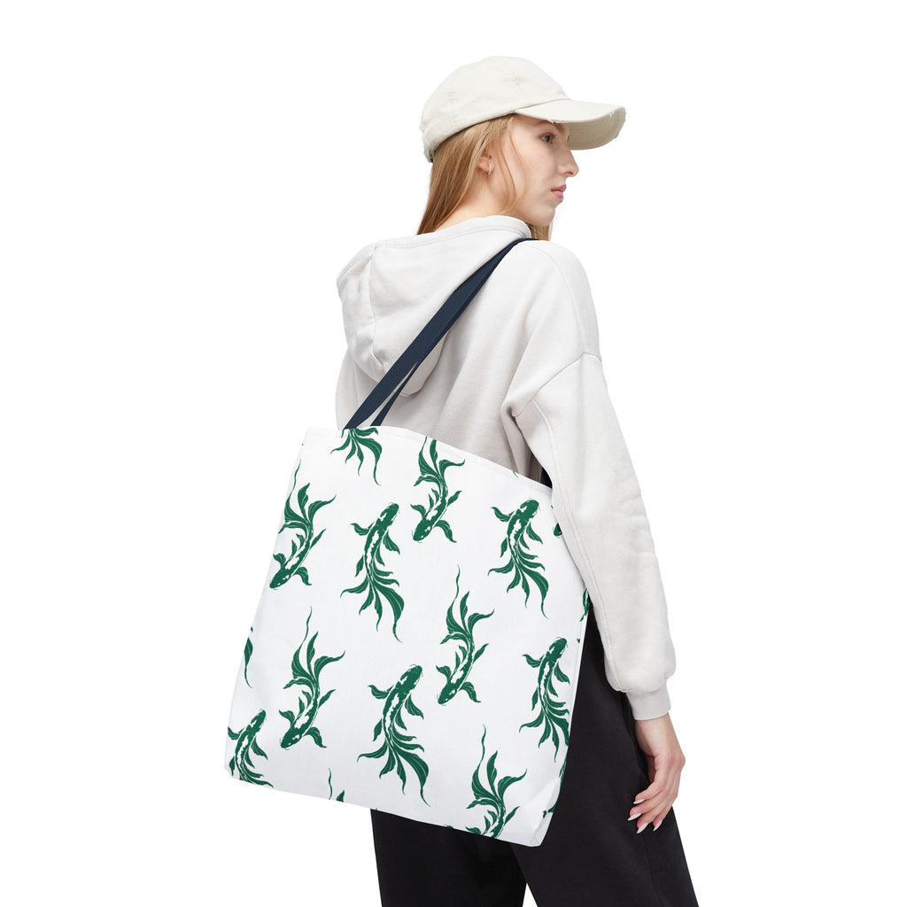 Green Koi Fish Pattern Tote Bag — Floral Aquatic All-Over Print Tote