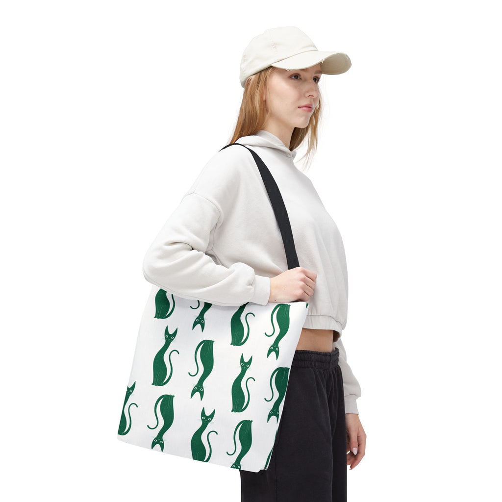 Green Cat Pattern Tote Bag — Cute Minimalist Cat Print All-Over Tote