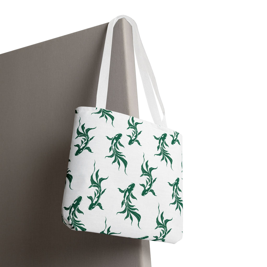 Green Koi Fish Pattern Tote Bag — Floral Aquatic All-Over Print Tote