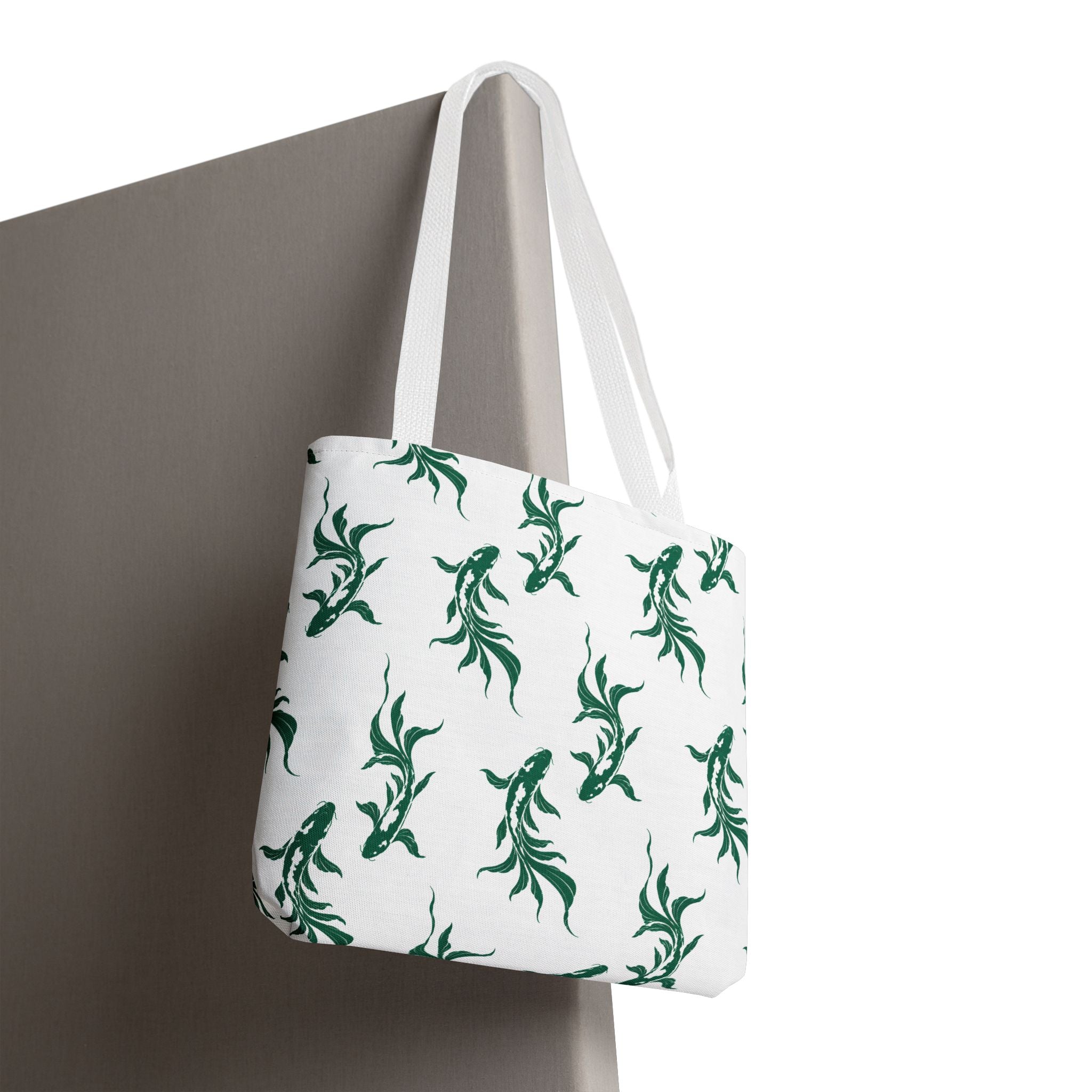 Green Koi Fish Pattern Tote Bag — Floral Aquatic All-Over Print Tote