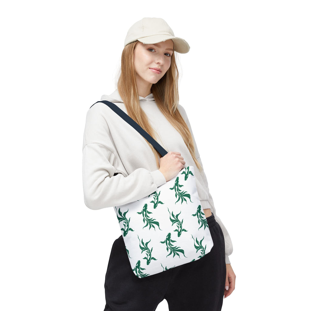 Green Koi Fish Pattern Tote Bag — Floral Aquatic All-Over Print Tote