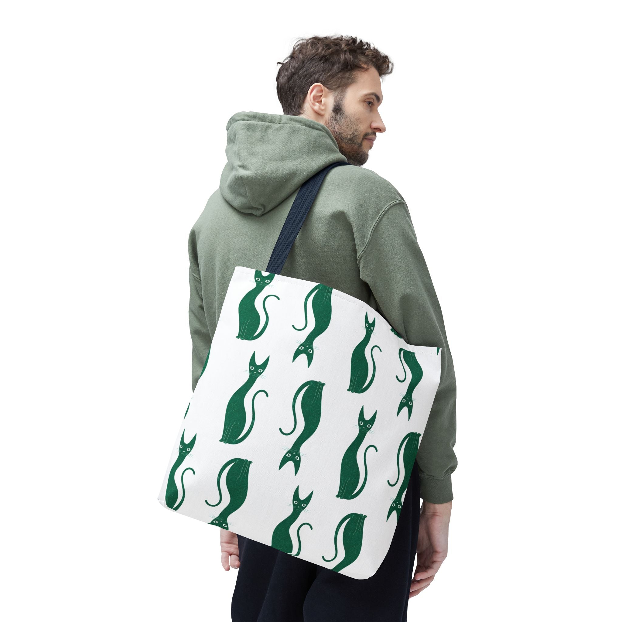 Green Cat Pattern Tote Bag — Cute Minimalist Cat Print All-Over Tote