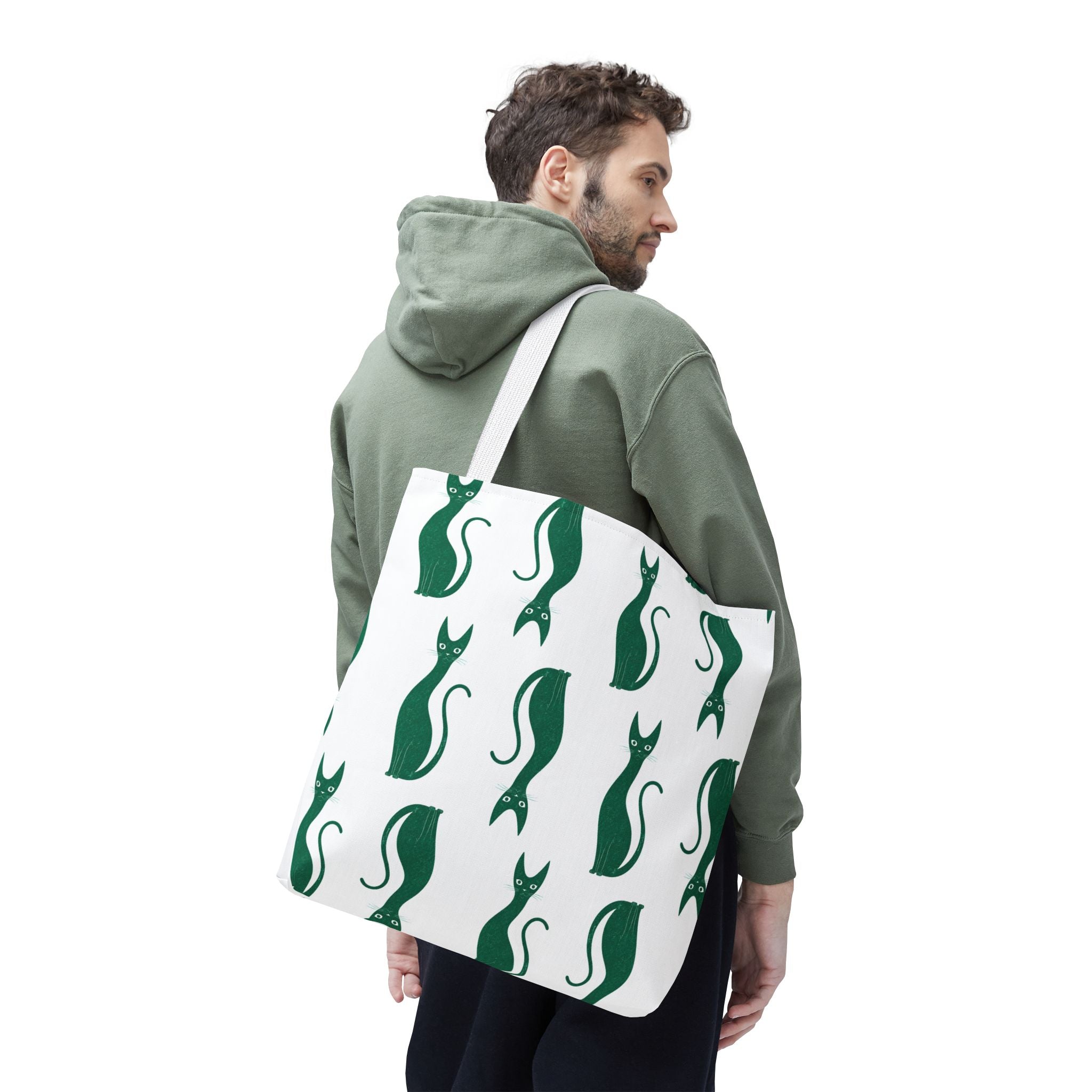 Green Cat Pattern Tote Bag — Cute Minimalist Cat Print All-Over Tote