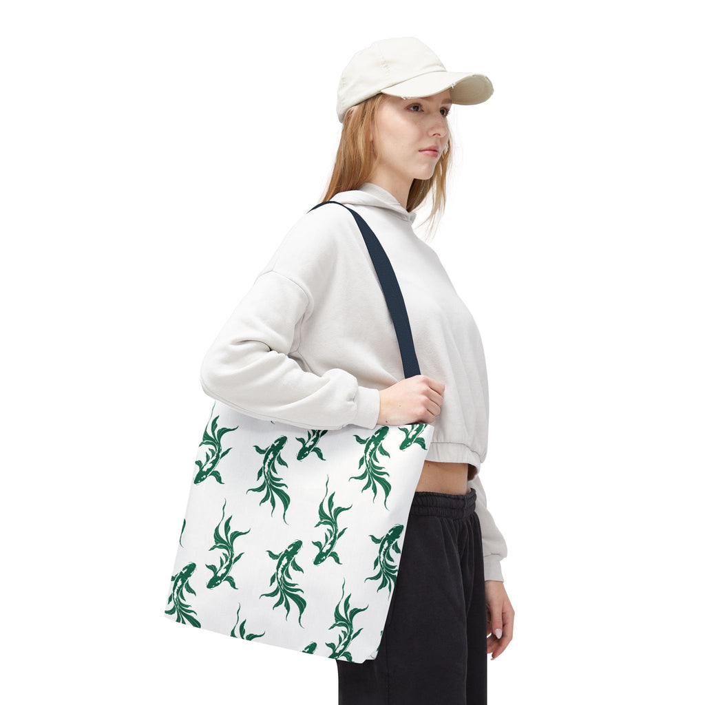 Green Koi Fish Pattern Tote Bag — Floral Aquatic All-Over Print Tote