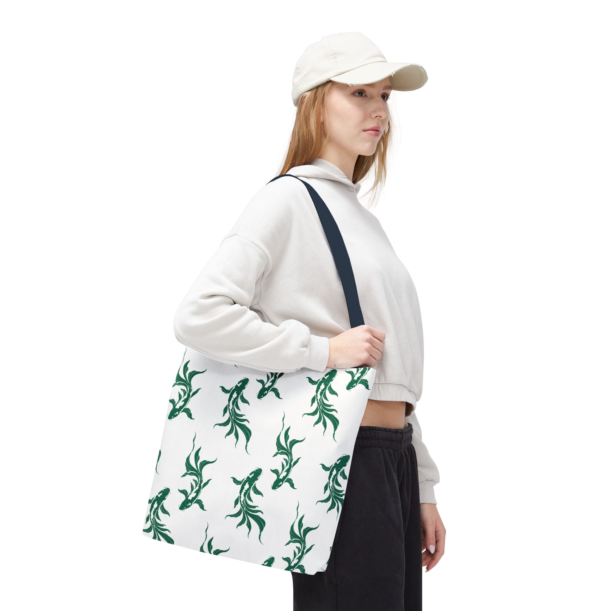 Green Koi Fish Pattern Tote Bag — Floral Aquatic All-Over Print Tote