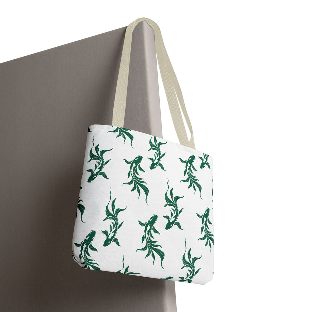 Green Koi Fish Pattern Tote Bag — Floral Aquatic All-Over Print Tote